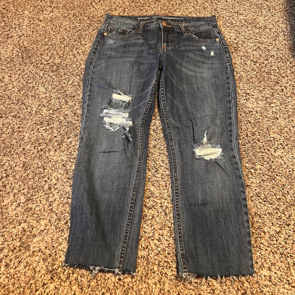 Old Navy Women Boyfriend Straight Jeans‎ Distressed Ripped Frayed Hem Dark Wash